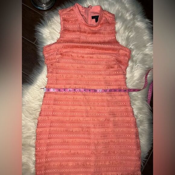 J. Crew Sheath Dress Coral Pink Fringe Corchet Lined Mock Neck Sleeveless sz 4 - Picture 10 of 11